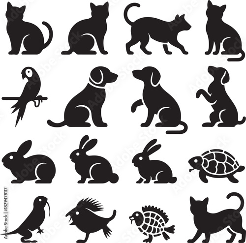 Collection of animal icons in simple black silhouettes design vector illustration