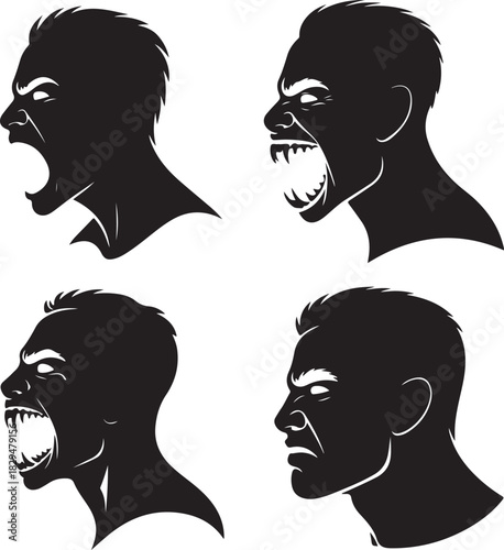 Collection of Aggressive Vampire Silhouette Portraits with Sharp Teeth Displayed