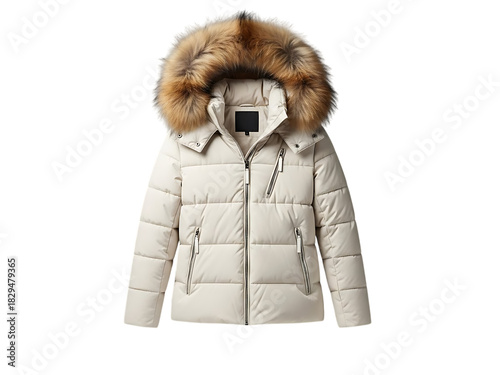 Stylish beige quilted winter puffer jacket for women with detachable brown fur hood, isolated on transparent background
