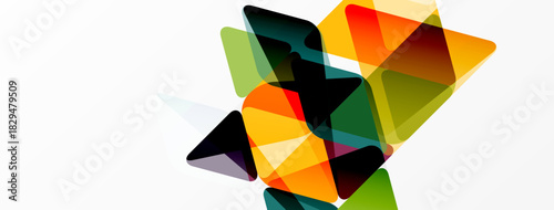 Abstract geometric shapes overlap, creating vibrant color blends. Composition features triangles, dynamic angles, modern design.