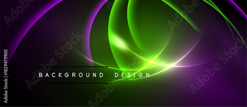Abstract design features flowing lines, vibrant purple, green hues. Text reads background design over dark space. Modern, dynamic visual.