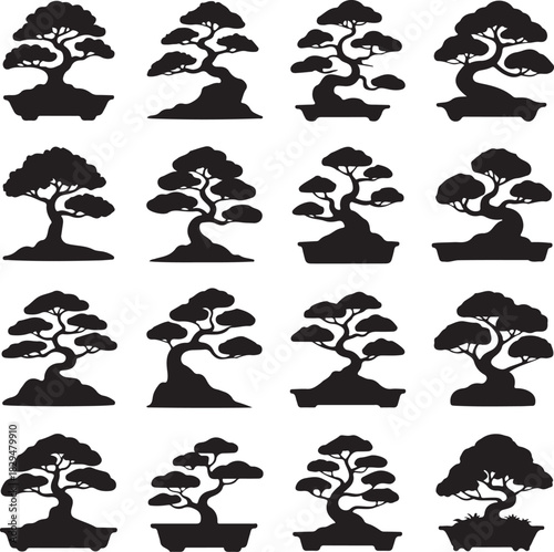 Collection of bonsai tree silhouettes in various styles and arrangements