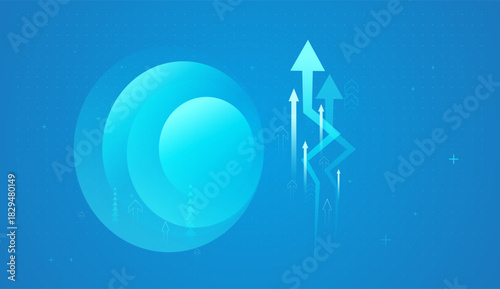 Bright blue arrows ascend through a digital grid, representing positive financial trends, rising investments, and tech-driven market expansion. Glowing digital arrows rises upward.