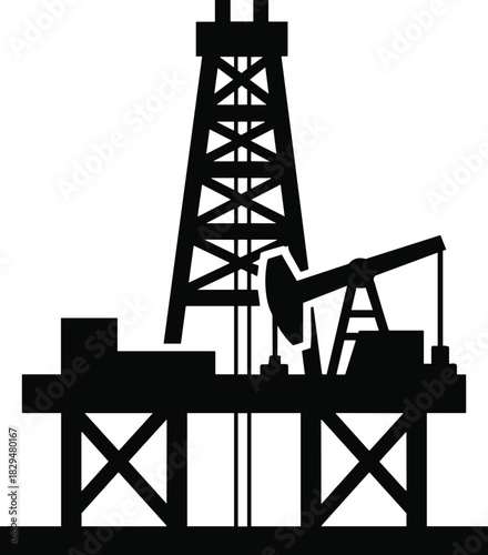 Black Silhouette Vector of an Offshore Oil Drilling Rig Platform and Pump Jack, Illustrating Petroleum Exploration, Energy Production, and Global Industry