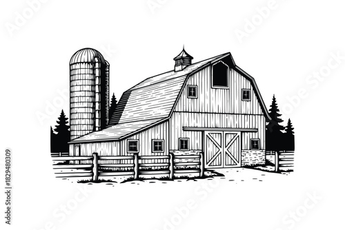 hand drawn black and white barn house vector illustration
