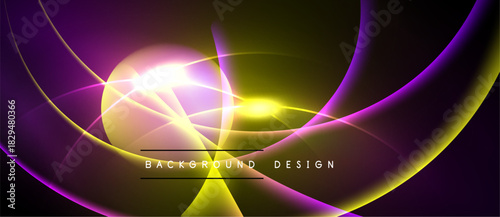Abstract design features vibrant purple, yellow glows. Dynamic curves create energy, light effects dominate dark backdrop. Background text reads background design.