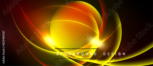 Bright abstract design features flowing orange, yellow curves. Dark background emphasizes luminous shapes, creating dynamic visual effect.