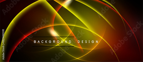 Abstract design features vibrant curves, gradients. Yellow, red, black colors dominate composition. Modern aesthetic, dynamic energy.