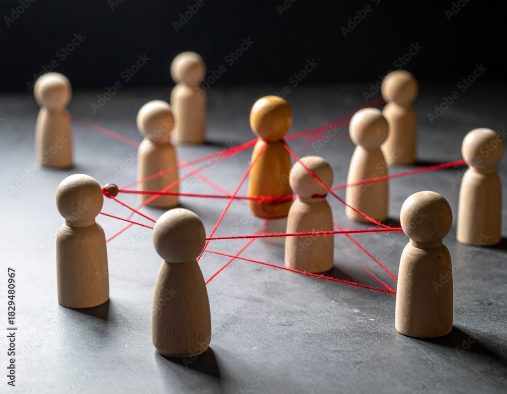 Obraz premium Wooden Peg People Connected by Red String Representing Networking