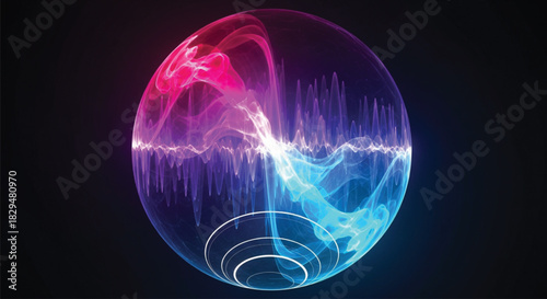 A mesmerizing digital art piece featuring a transparent sphere containing dynamic, colorful plasma-like energy patterns and visible sound wave visualizations against a dark backdrop, suggesting audio 