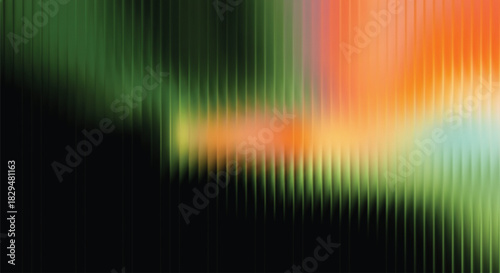 A abstract background featuring vertical corrugated lines with a vibrant gradient transition from deep green to bright orange and soft cyan hues against dark