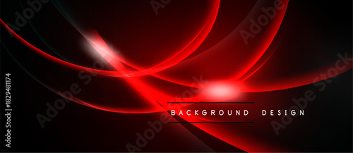 Dynamic red curves flow across black background. Bright light accents create modern visual impact. Design features text elements below central shapes.