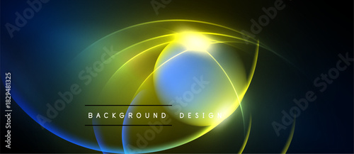 Abstract design features vibrant blue, yellow glows. Circular shapes overlap creating dynamic visual effect. Dark background enhances luminosity.
