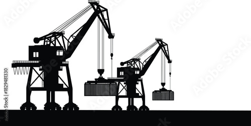 Black Silhouette Vector of Two Port Gantry Cranes Moving Shipping Containers, Illustrating Global Logistics, Freight Transportation, Commerce, and Industrial Dockyards
