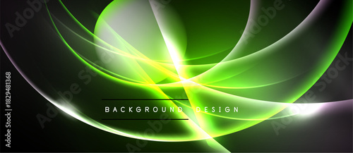 Abstract design features vibrant green, yellow curves. Dark background emphasizes luminous flow, creating dynamic visual effect. Text reads background design.