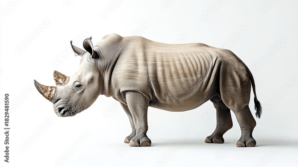 Obraz premium Majestic rhinoceros isolated on white background, wildlife animal portrait, african safari mammal