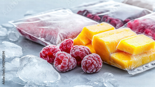 Frozen raspberries mango cubes ice packed fruits vivid cold texture appetizing