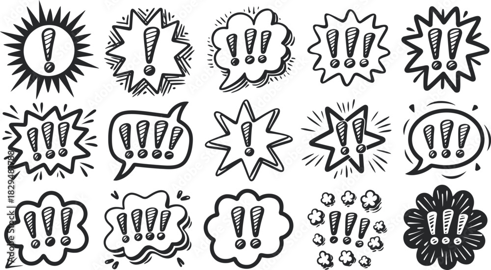 Fototapeta premium Exclamation Comic Burst Vector Set, Hand Drawn Alert Speech Bubble Illustration