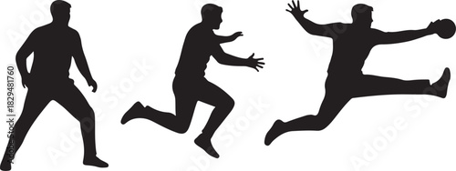 Silhouetted athletes in motion running, jumping, and playing ball.