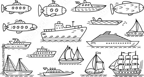 Boat and Submarine Doodle Vector Set, Hand Drawn Ship, Sailboat, Cruise Illustration
