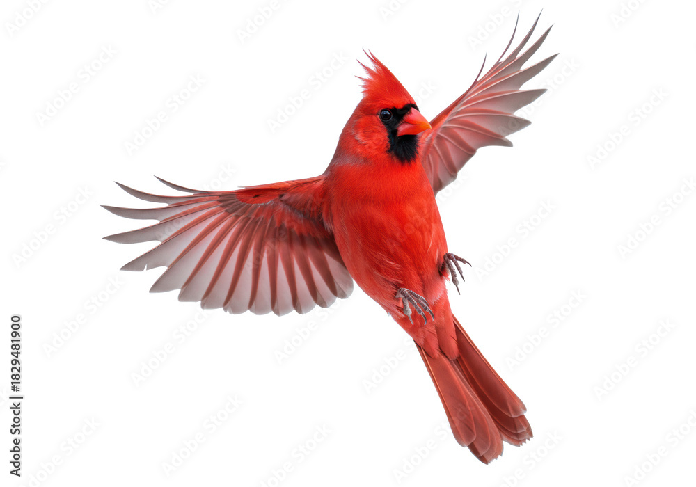 Obraz premium Majestic male Northern Cardinal with brilliant red plumage and black mask, wings outstretched in powerful mid-flight against transparent. Untamed freedom and nature's beauty concept