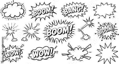 Comic Explosion Vector Set, Boom, Bang, Wow, Burst Cartoon Effect Shapes