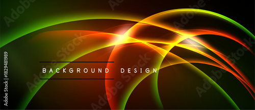 Abstract vibrant waves, glowing lines, dark background. Dynamic energy radiates from central point, modern design elements present.