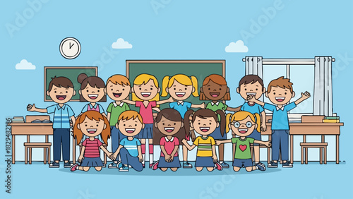 A happy diverse group of cartoon school children together.