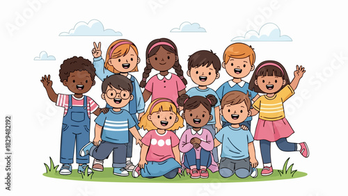 Diverse group of happy children smiling and waving together.