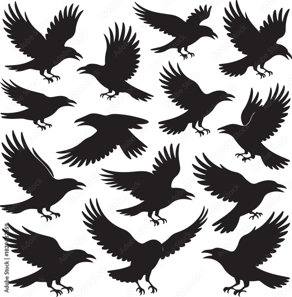 Obraz premium Collection of raven silhouette illustrations on a white background graphic asset