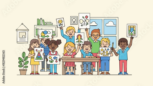 Children proudly display their artwork in a creative art class setting.