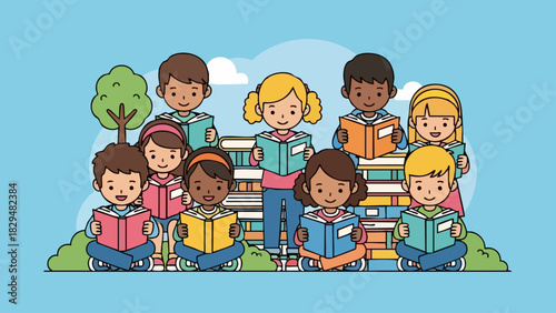 Diverse group of happy cartoon children reading books together.
