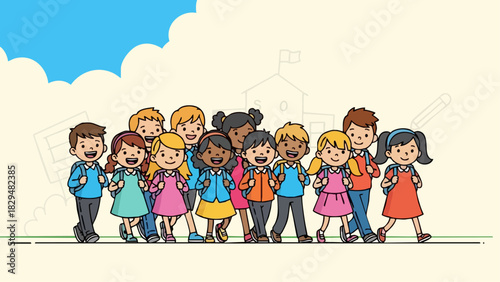 Diverse Group of Happy School Children Standing Together Smiling.