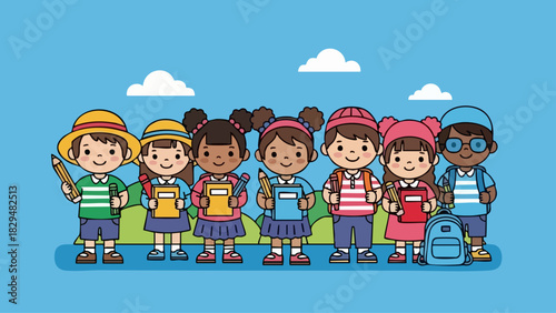 Diverse group of elementary school children standing together, ready for education and learning.