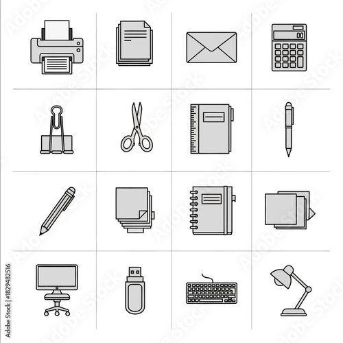 Set of sixteen office supply and business equipment line icons.