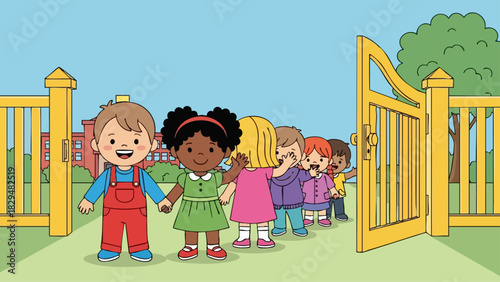 Children entering school through a yellow gate, illustration of school kids.