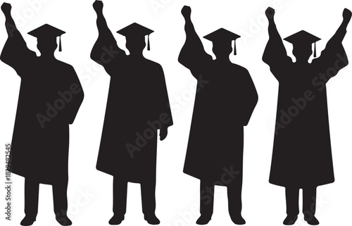 Four graduates in silhouette, fists raised in triumph, celebrating graduation day success.
