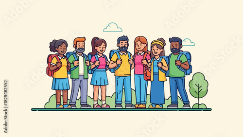 Diverse group of young adults with backpacks standing together.