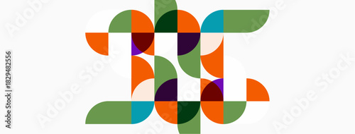 Abstract geometric design. Circles, overlapping shapes create complex pattern. Green, orange, purple hues dominate composition. Minimalist style.