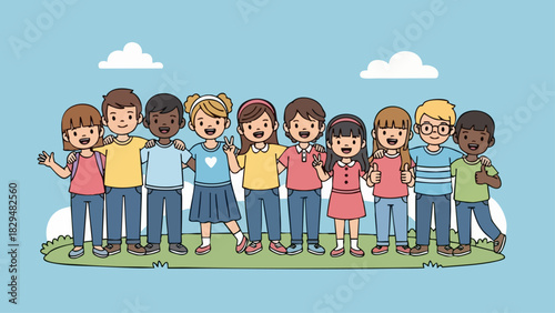 Diverse group of happy children standing together united.