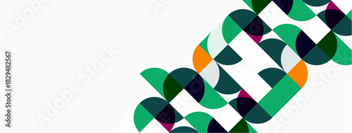 Abstract geometric pattern. Circles overlap creating dynamic visual effect. Green, orange, purple hues dominate white background. Modern design.