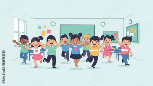 Enthusiastic Children Joyfully Running and Playing Together in a Classroom Setting.