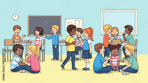 Children interacting and socializing in a classroom environment during school time.
