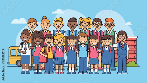 Diverse group of happy school children standing together.