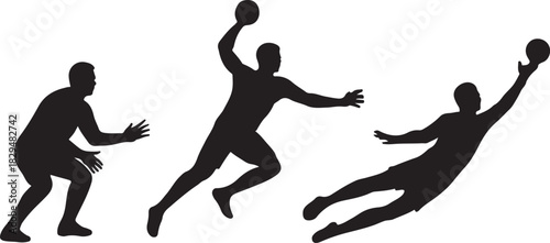 Silhouette of three handball players in action with a ball on a white background