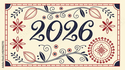 Illustration of the year two thousand and twenty six with floral decorative elements and border design