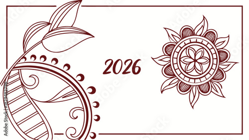 Illustration featuring floral elements and the year 2026 within a rectangular border design element