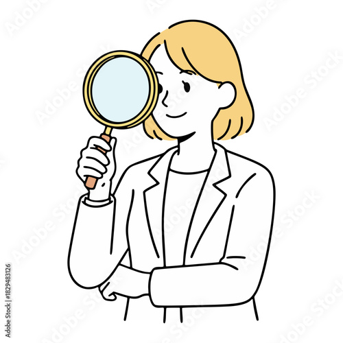 検索・調査をする女性のシンプルイラスト
