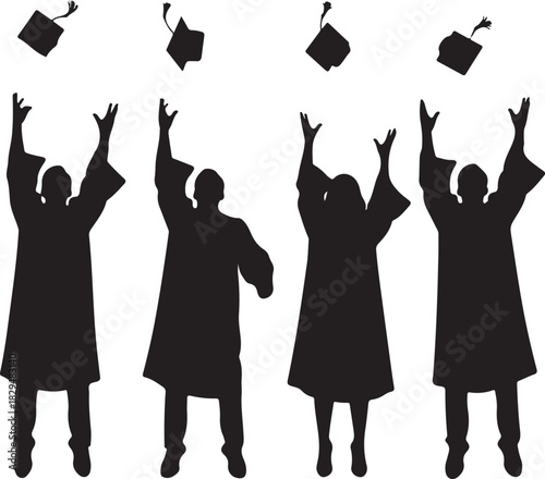 Graduation caps tossed in the air by silhouetted students in robes, celebrating achievement