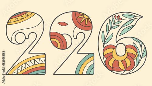 Stylized numbers two two six with floral and geometric patterns in retro color palette design element